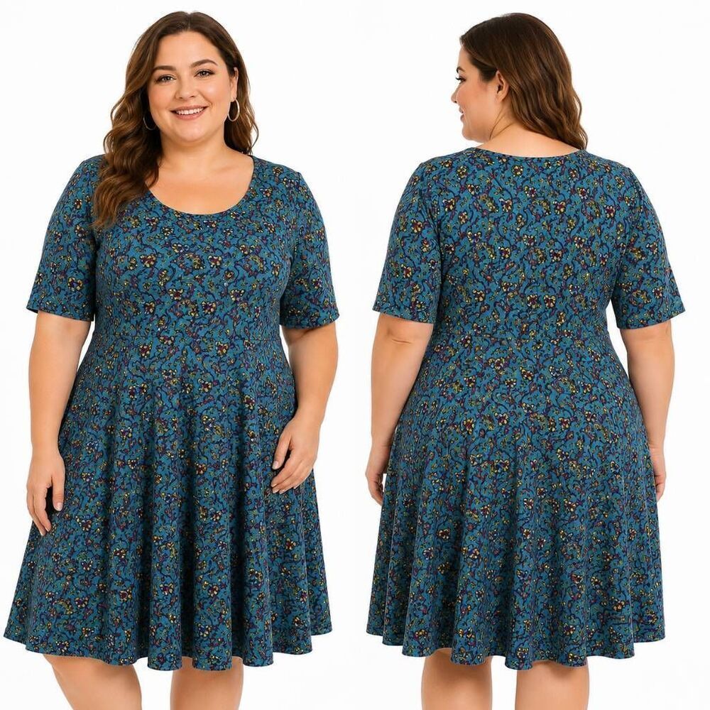 LuLaRoe 3XL Nicole Dress Blue Floral Fit Flare Midi